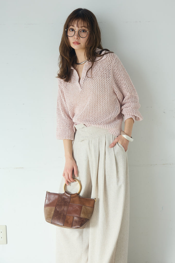 [SET]ミックスメッシュポロニット+麻混タックワイドパンツ(2set)