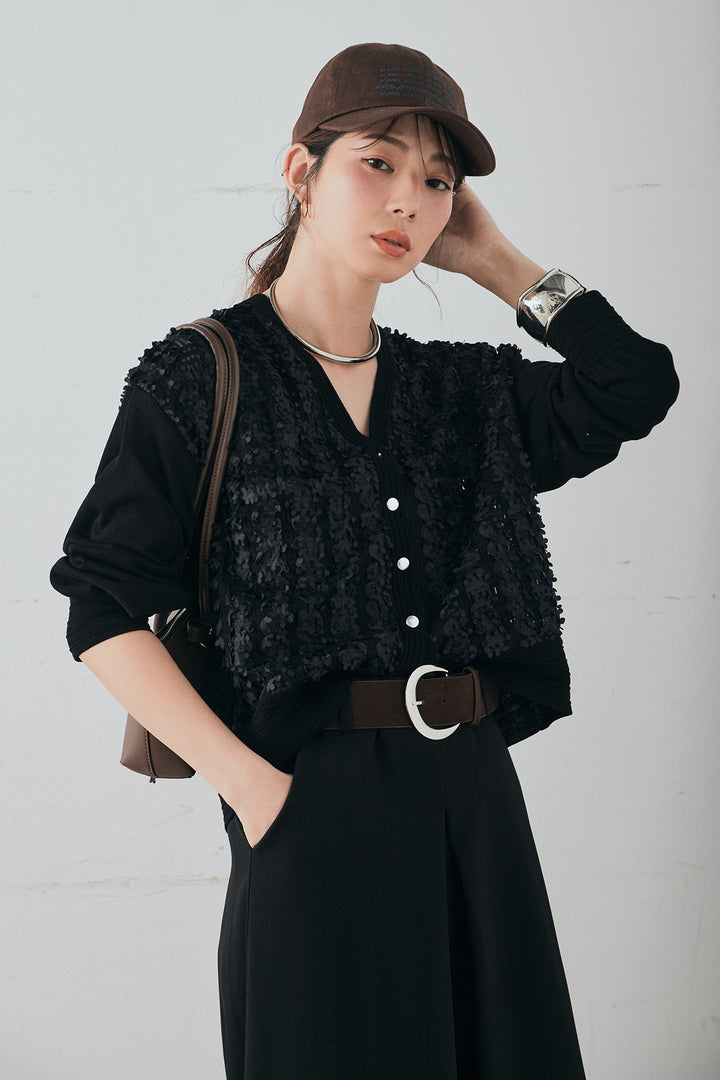 [SET]モコレースVネックカーディガン+太ベルト付きフロントタックパンツ(2set)