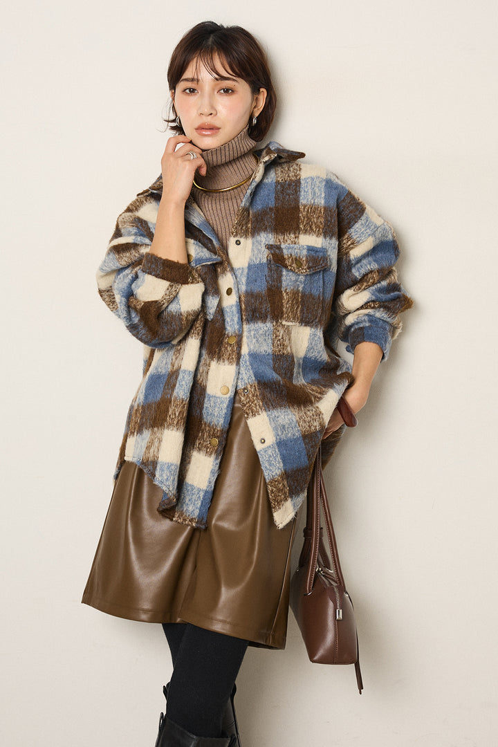 [SET]起毛チェック柄ポケットアウター+ストレッチエコレザーバミューダパンツ+リブニットシームレスタートルプルオーバー(3set)