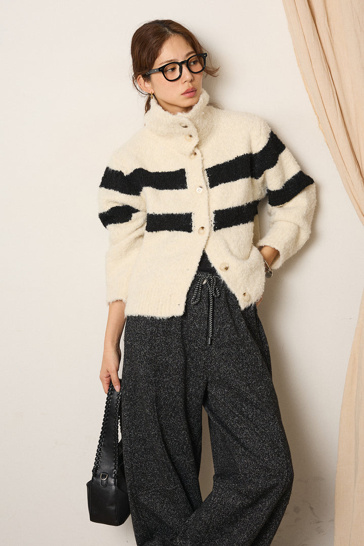 [SET]ハイネックボーダーニットカーディガン+杢ニットフレアパンツ(2set)