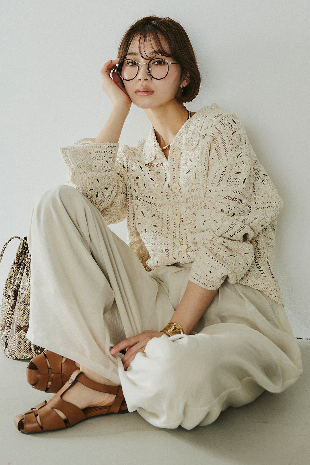 [SET]鍵編みフラワーレースカーディガン+オーガンジータックパンツ(2set)