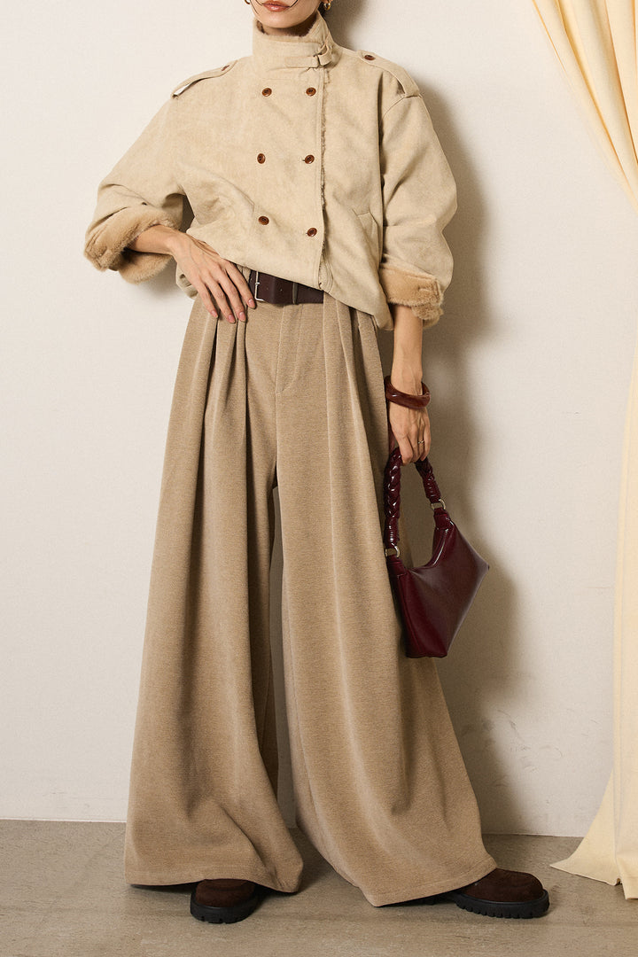 [SET]スタンド襟スウェードライクアウター+ベルトループコーデュロイワイドパンツ(2set)
