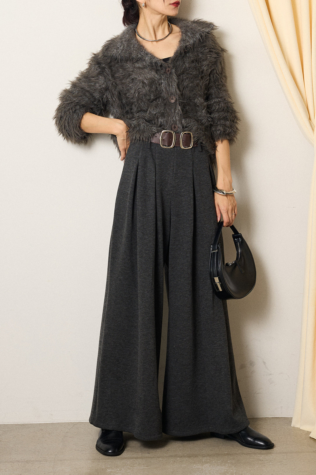 [SET]襟付きシャギーニットカーディガン+フェイクレザー太ベルト付きタックワイドパンツ(2set)