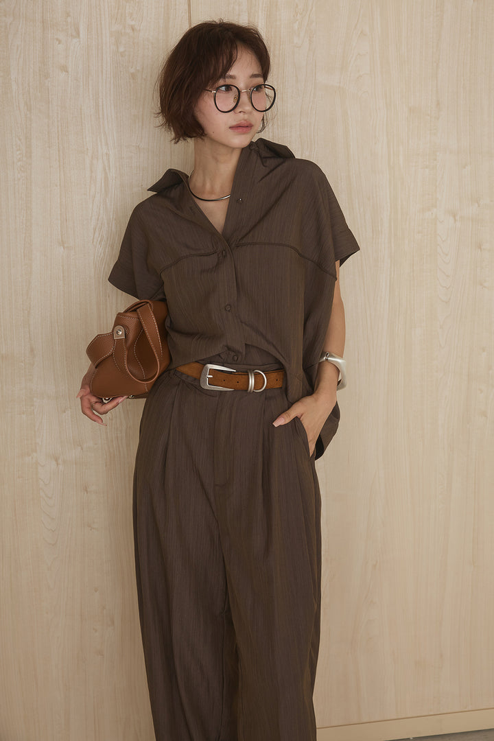 [SET]リネンライクランタンノースリシャツ+リネンライク2タックワイドパンツ(2set)