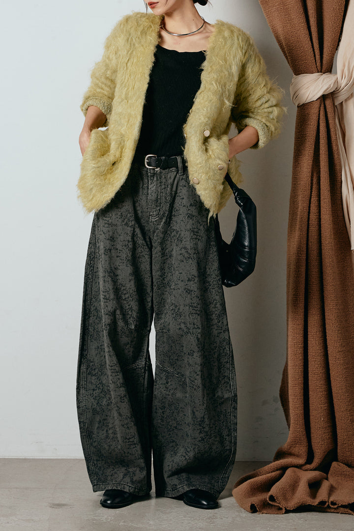 [SET]ウェーブシャギーニットジャケット+ベルト付きニュアンス柄カーブワイドパンツ(2set)