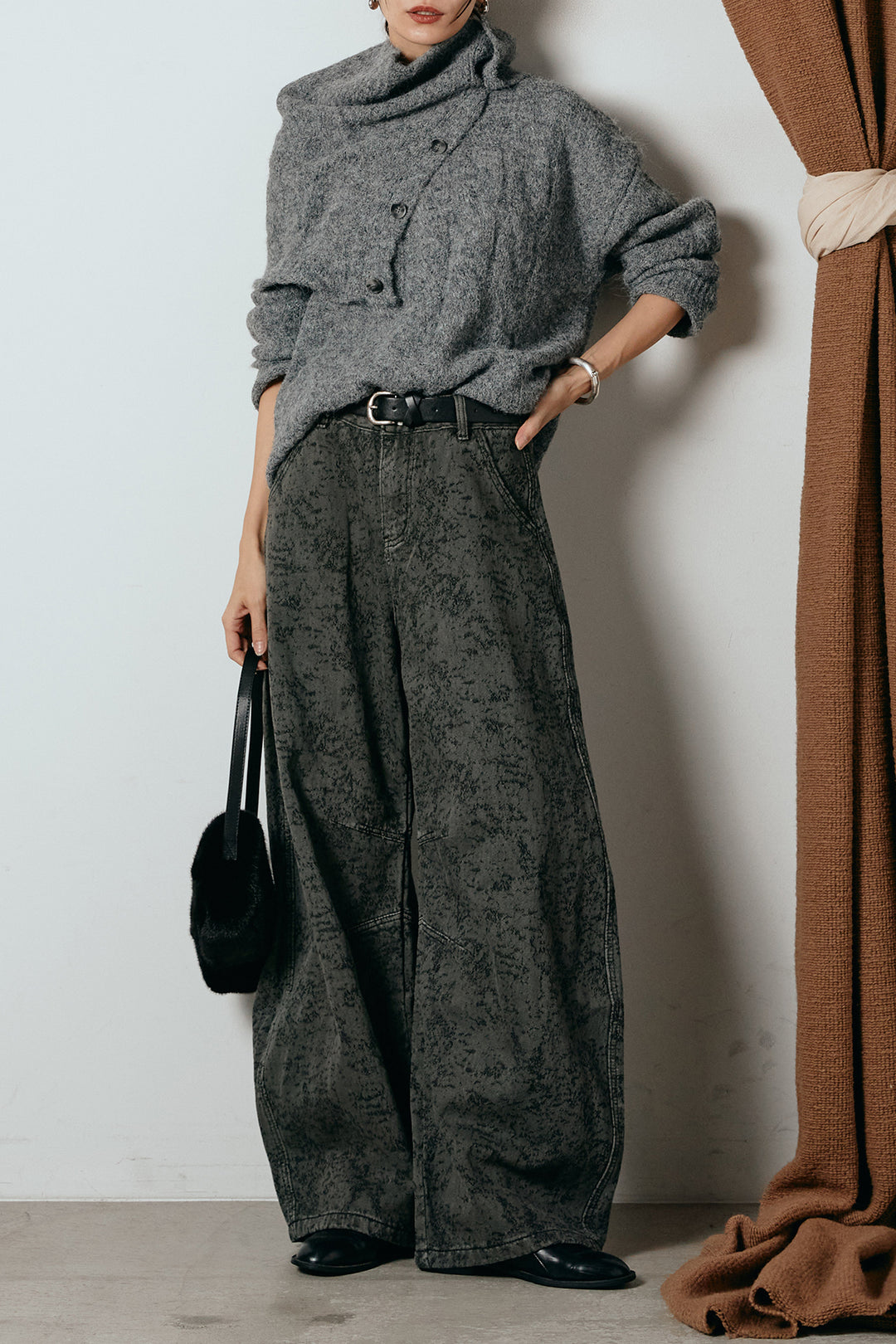 [SET]ケープデザインケーブルニットトップス+ベルト付きニュアンス柄カーブワイドパンツ(2set)