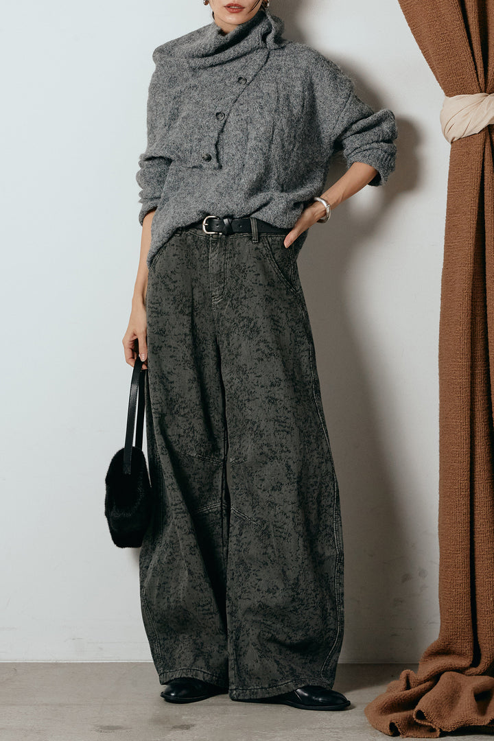 [SET]ケープデザインケーブルニットトップス+ベルト付きニュアンス柄カーブワイドパンツ(2set)