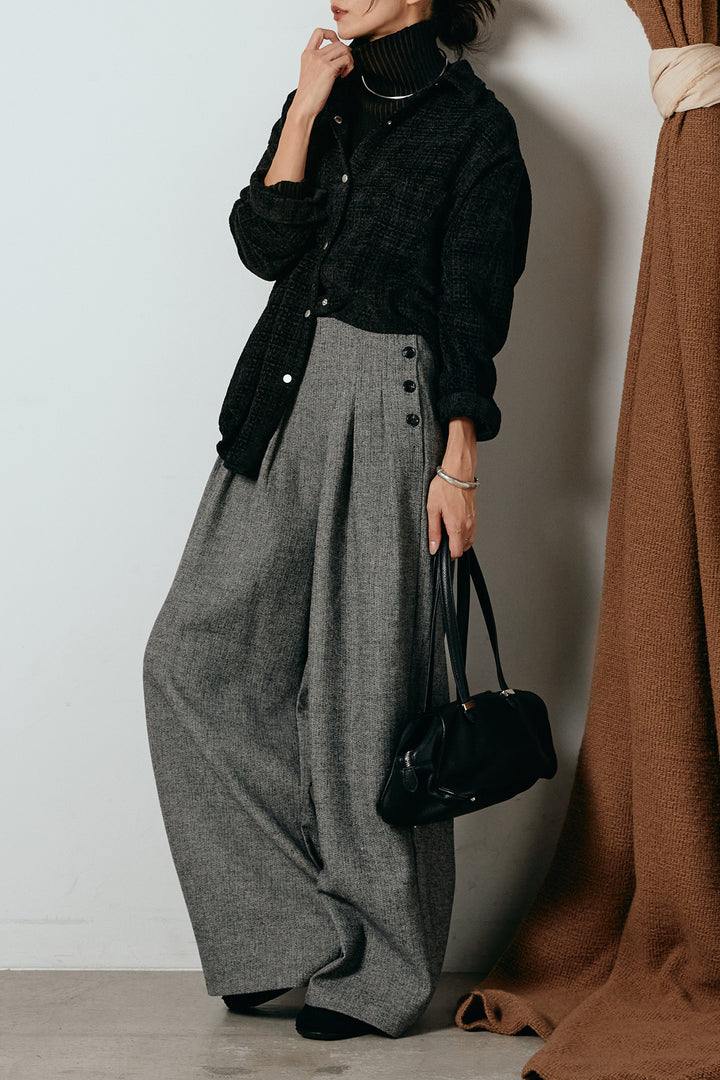 [SET]ルーズクラッシュツイルシャツ+リブニットシームレスタートルプルオーバー+サイドボタンツイードタックパンツ(3set)