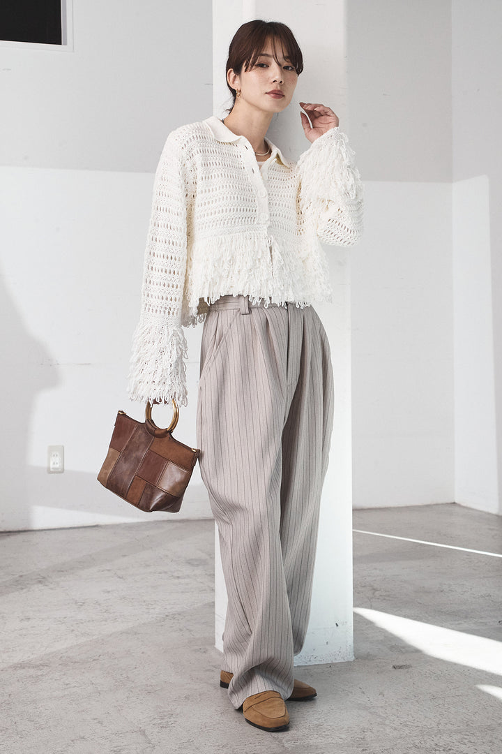 [SET]メッシュフリンジカーディガン+ヘリンボーンストライプツータックパンツ(2set)