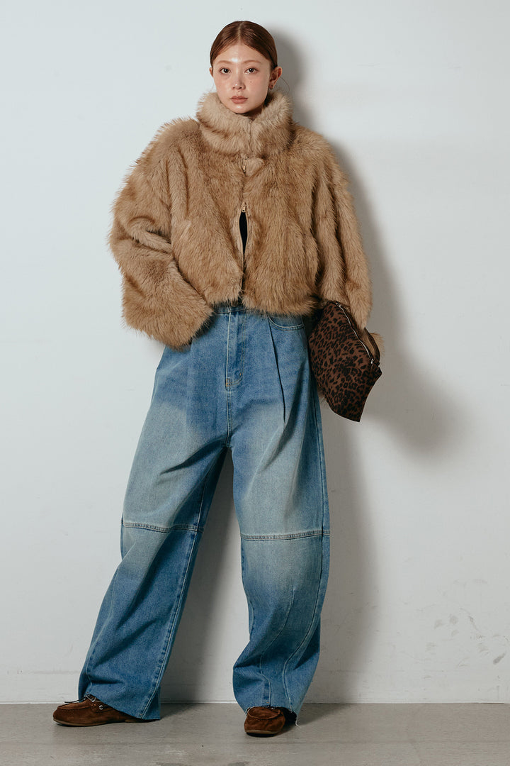 [SET]エコファーショート丈ブルゾン+加工デニムタックコクーンワイドパンツ(2set)