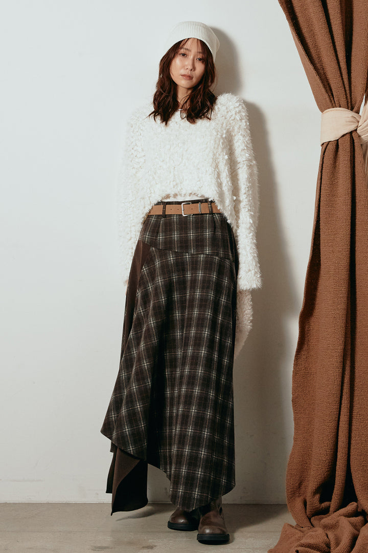 [SET]深Vネックチョウチョヤーンニットトップス+フェイクレザーベルト付き切り替えタータンチェックスカート(2set)