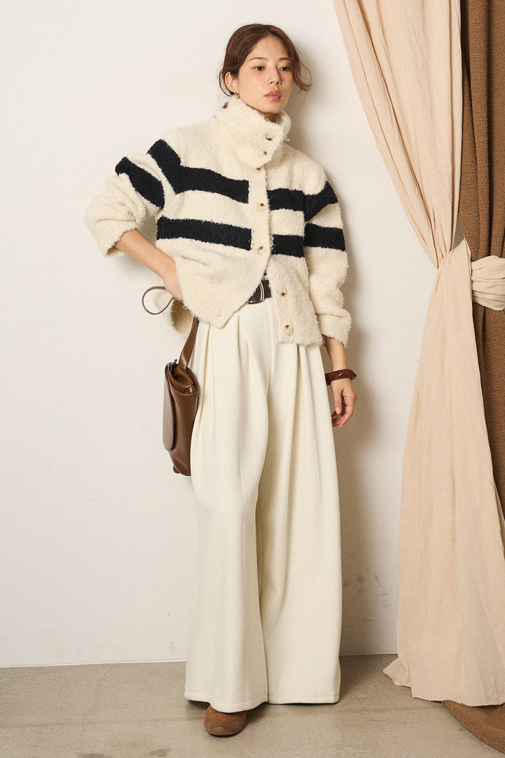 [SET]ハイネックボーダーニットカーディガン+フェイクレザー太ベルト付きタックワイドパンツ(2set)