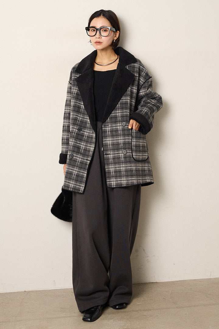 [SET]裏地ボアタータンチェック柄ミディアムコート+裏起毛スウェットワイドパンツ(2set)