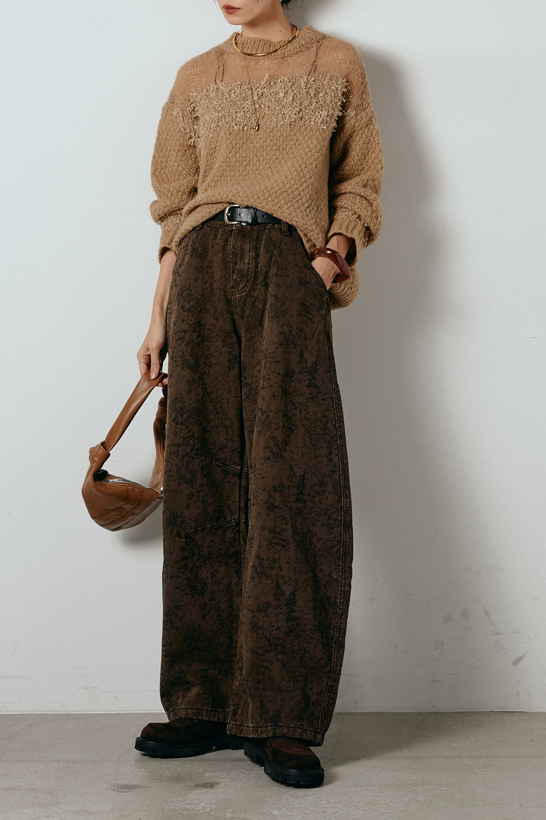 [SET]パターンランダム編みニットトップス+ベルト付きニュアンス柄カーブワイドパンツ(2set)