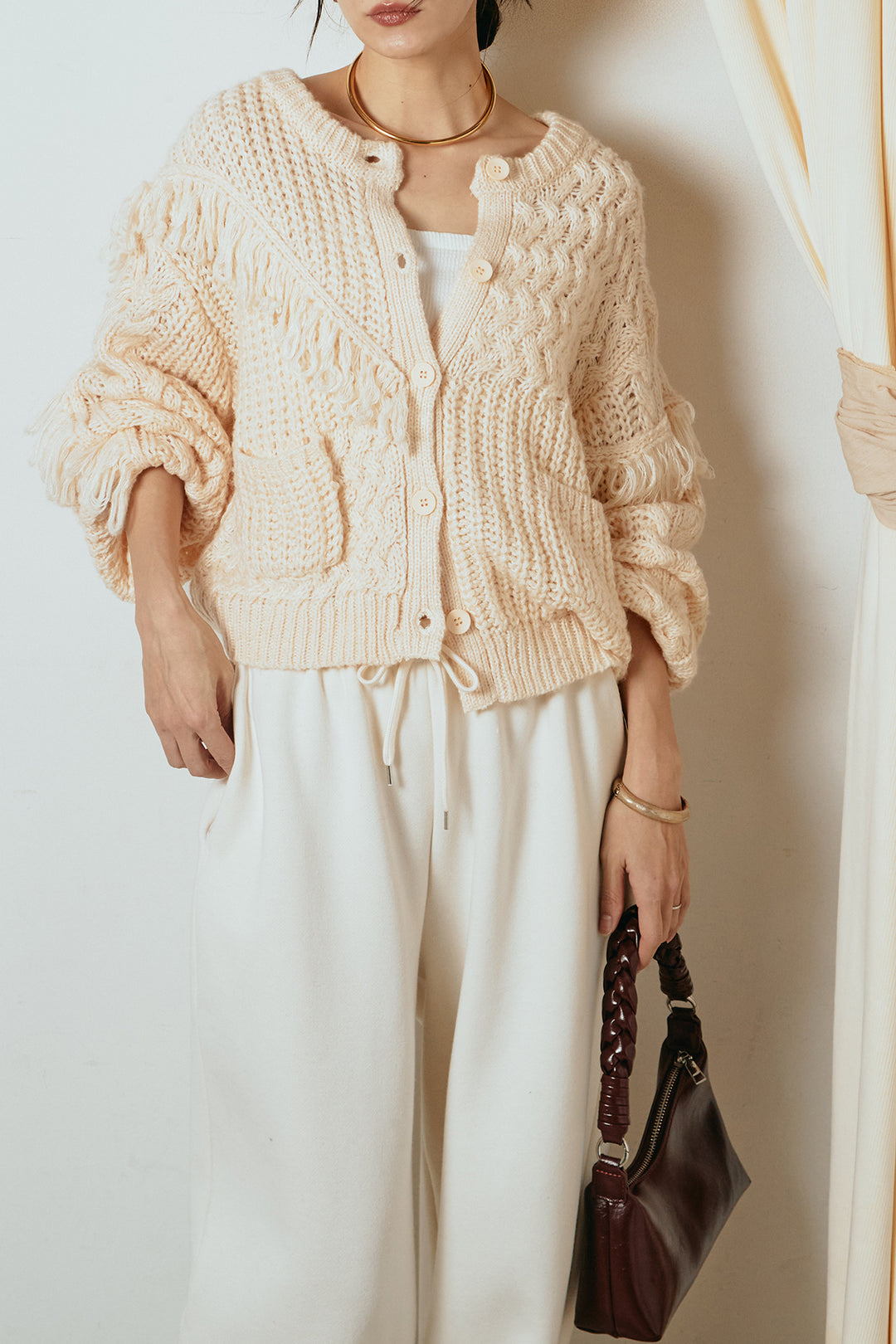 [SET]ランダムフリンジニットカーディガン+裏起毛スウェットワイドパンツ(2set)