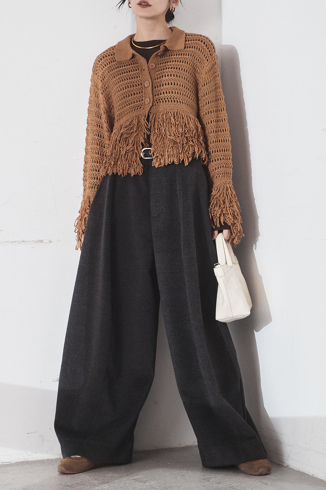 [SET]メッシュフリンジカーディガン+ウールタッチカーブワイドパンツ(2set)