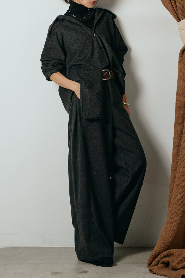 [SET]裾アシンメトリーデザインシャツ+編みベルト付きワイドパンツ+リブニットシームレスタートルプルオーバー(3set)