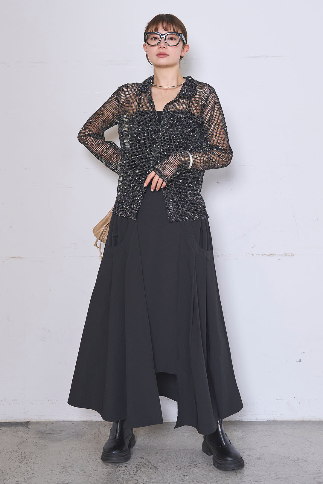 [SET]ネップメッシュポロ襟カーディガン+ラップレイヤードアシンメトリーデザインスカート(2set)