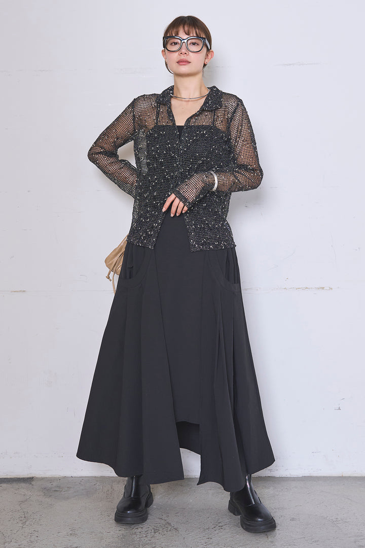 [SET]ネップメッシュポロ襟カーディガン+ラップレイヤードアシンメトリーデザインスカート(2set)