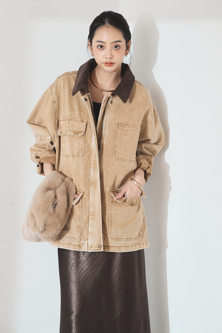 [SET]襟コーデュロイジップデニム調カバーオール+裾レースデザインサテンスカート(2set)