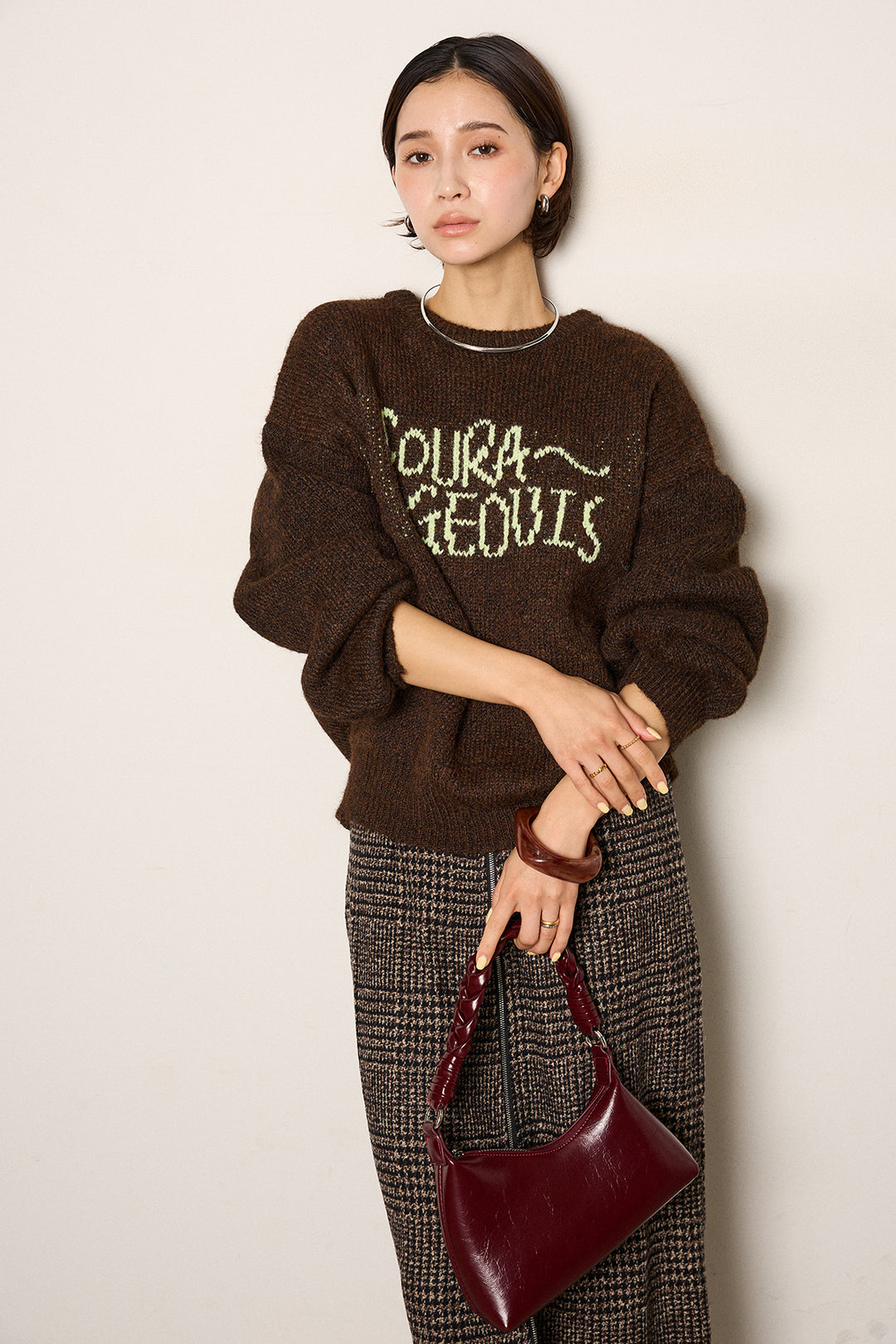 [SET]ロゴシャギーニットプルオーバー+グレンチェック柄フロントジップタイトスカート(2set)