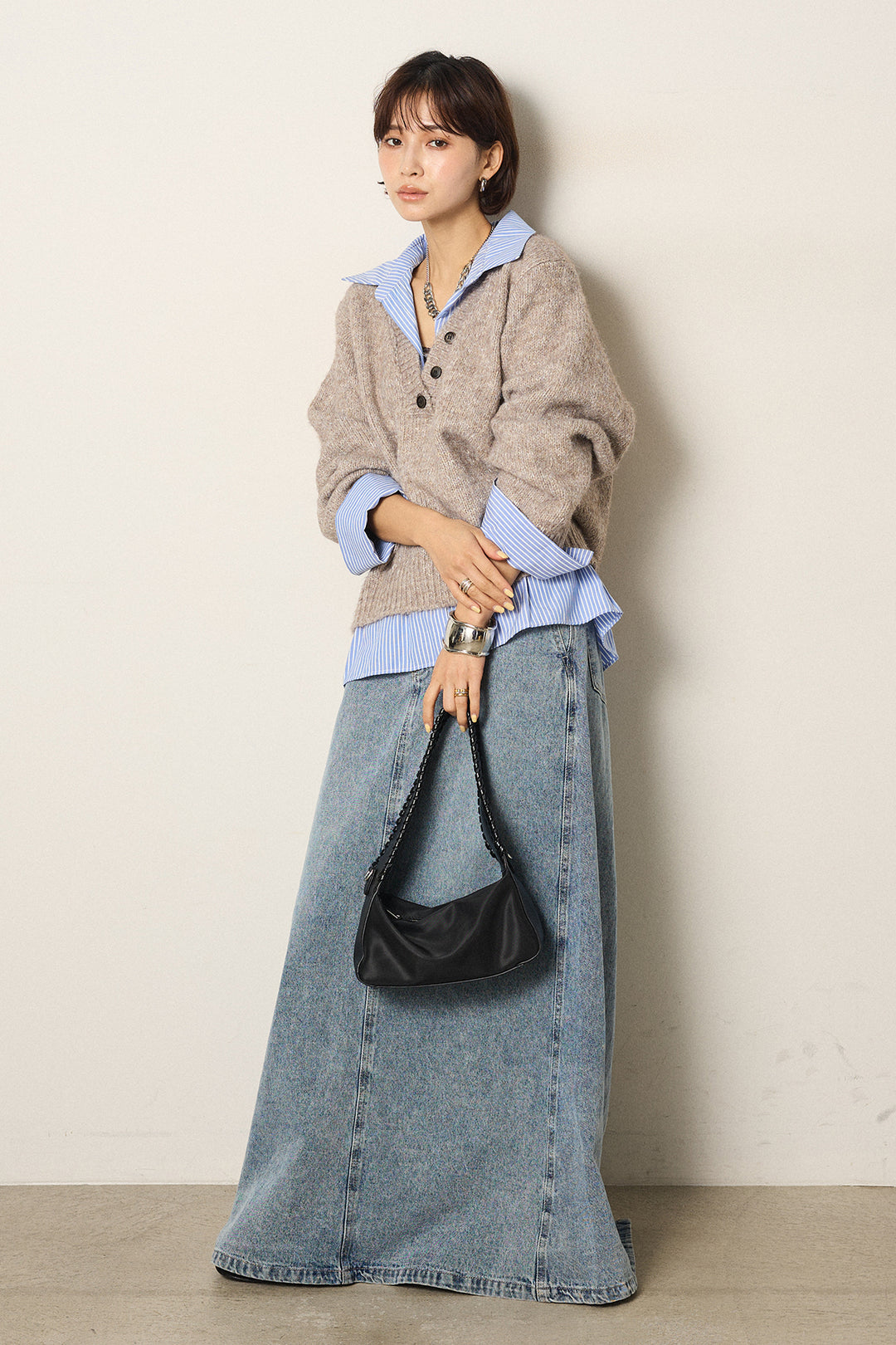 [SET]ストライプシャツドッキングニットポロトップス+デニムロングフレアスカート(2set)