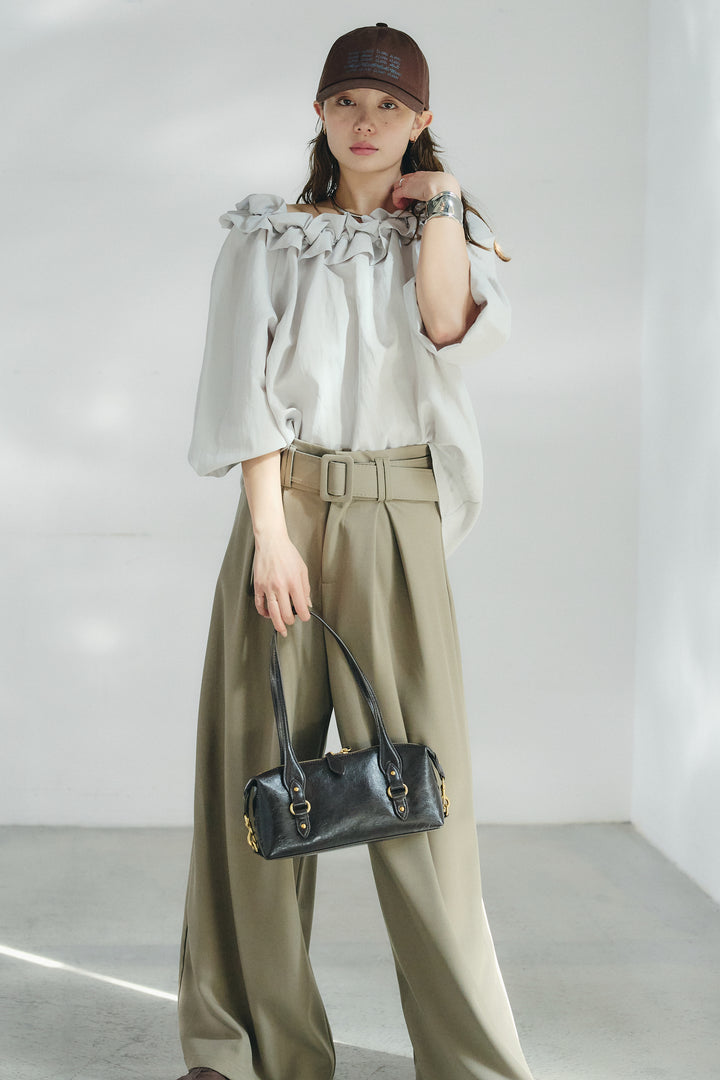 [SET]ネックフリルデザインブラウス+ベルト付きツータックワイドパンツ(2set)