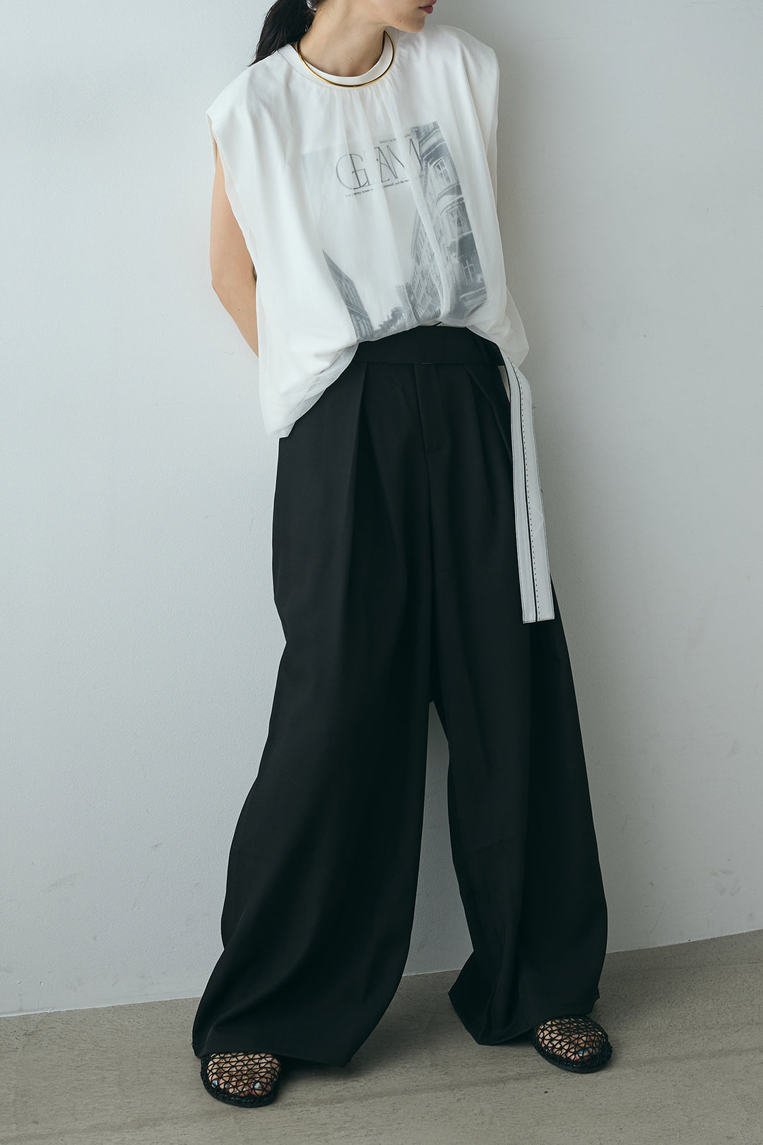 [SET]チュールレイヤードフォトプリントTシャツ+ウエスト垂らしデザインワイドパンツ(2set)