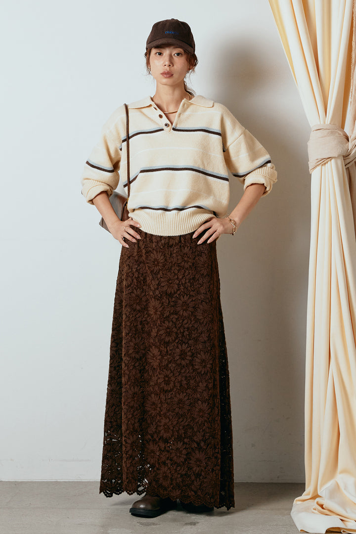 [SET]襟付きマルチボーダーニットポロトップス+花柄刺繍ベロアフレアスカート(2set)