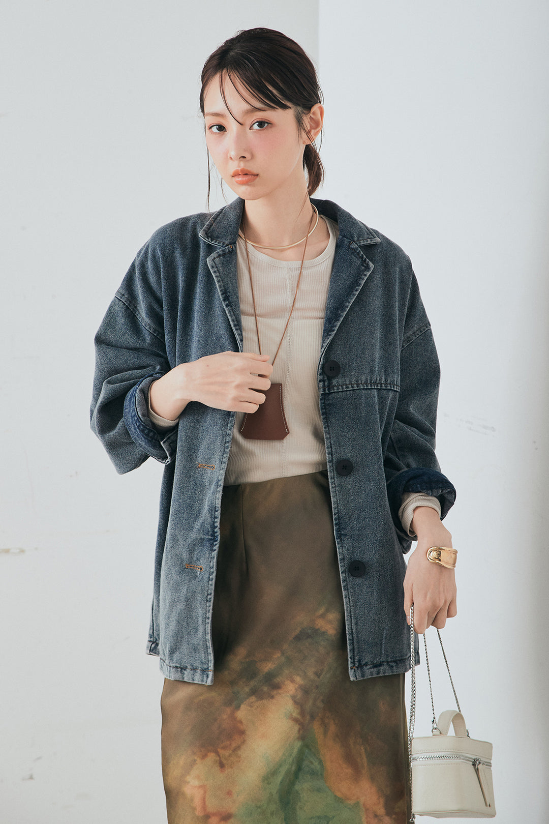 [SET]オーバーデニムジャケット+ニュアンス柄サテンスカート(2set)