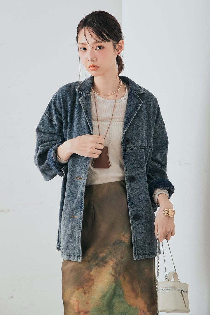 [SET]オーバーデニムジャケット+ニュアンス柄サテンスカート(2set)