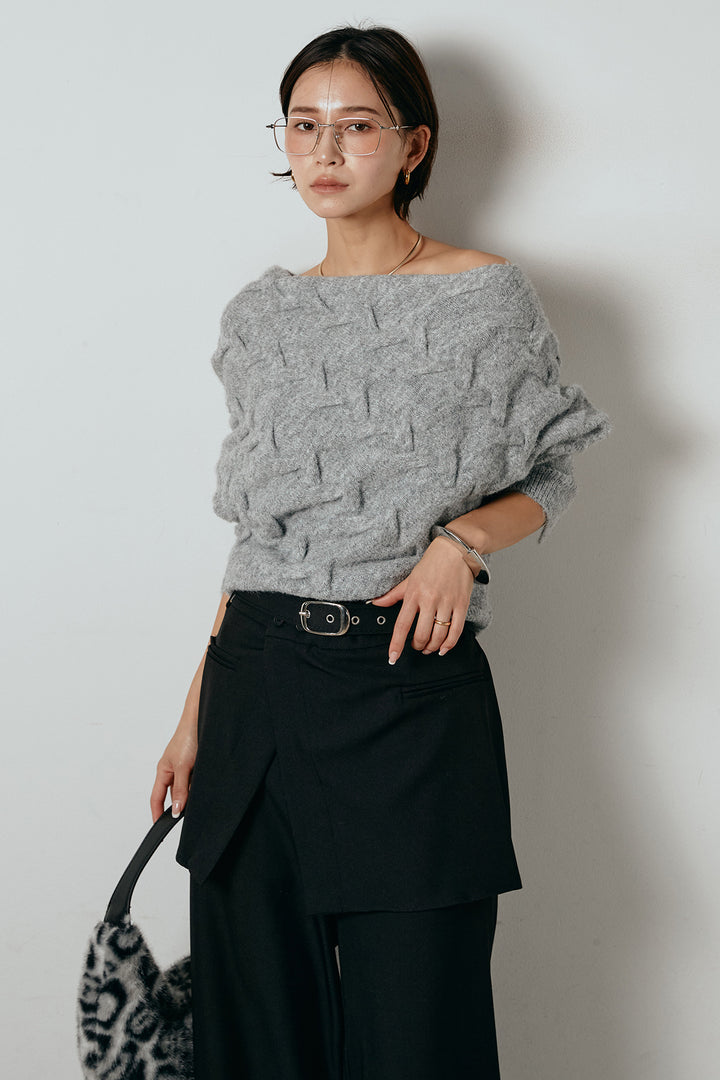 [SET]ボートネックニットトップス+ベルト付きウエストデザインパンツ(2set)