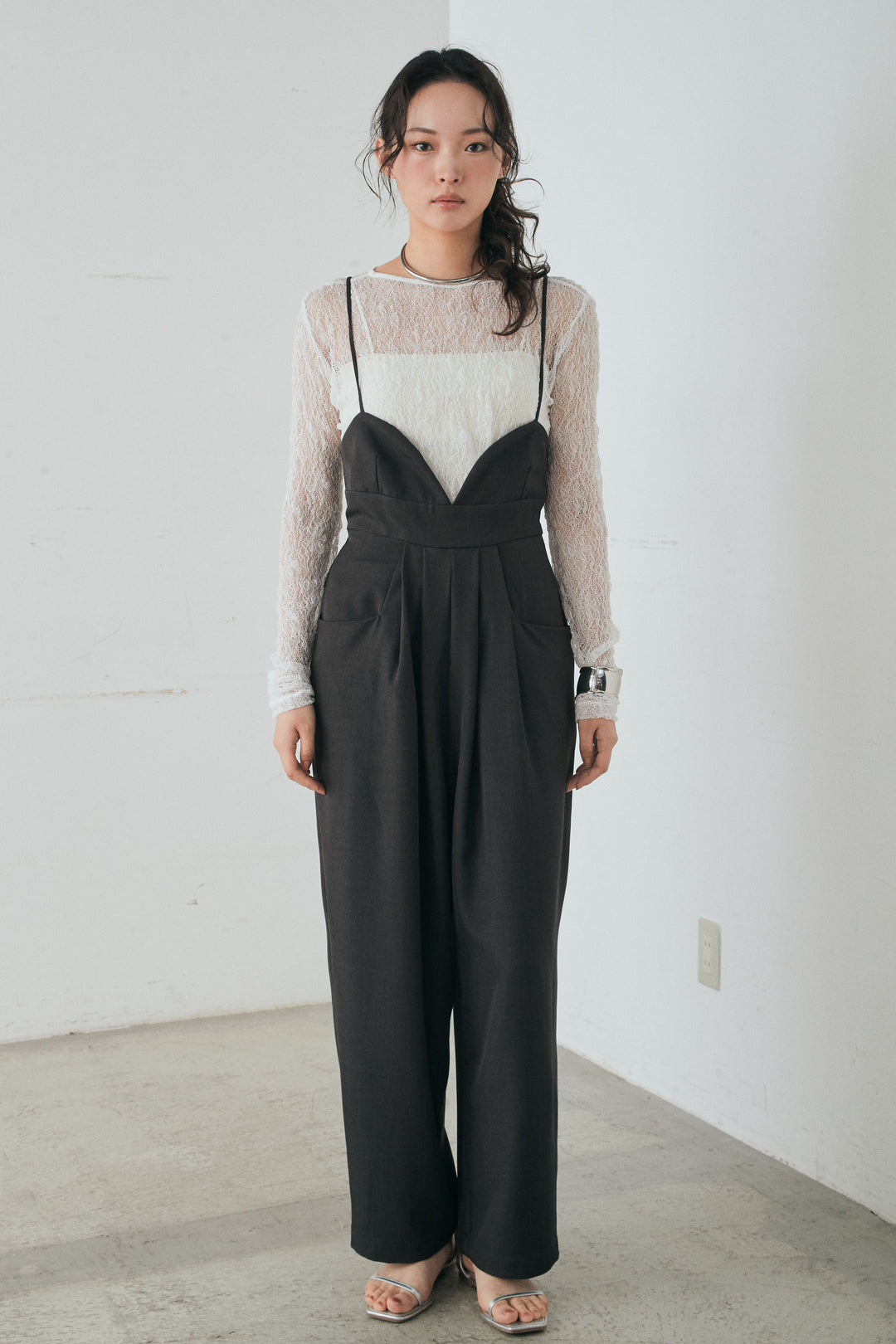 [SET]バックジップデザインショートツイルジャケット+キャミロングオールインワン(2set)