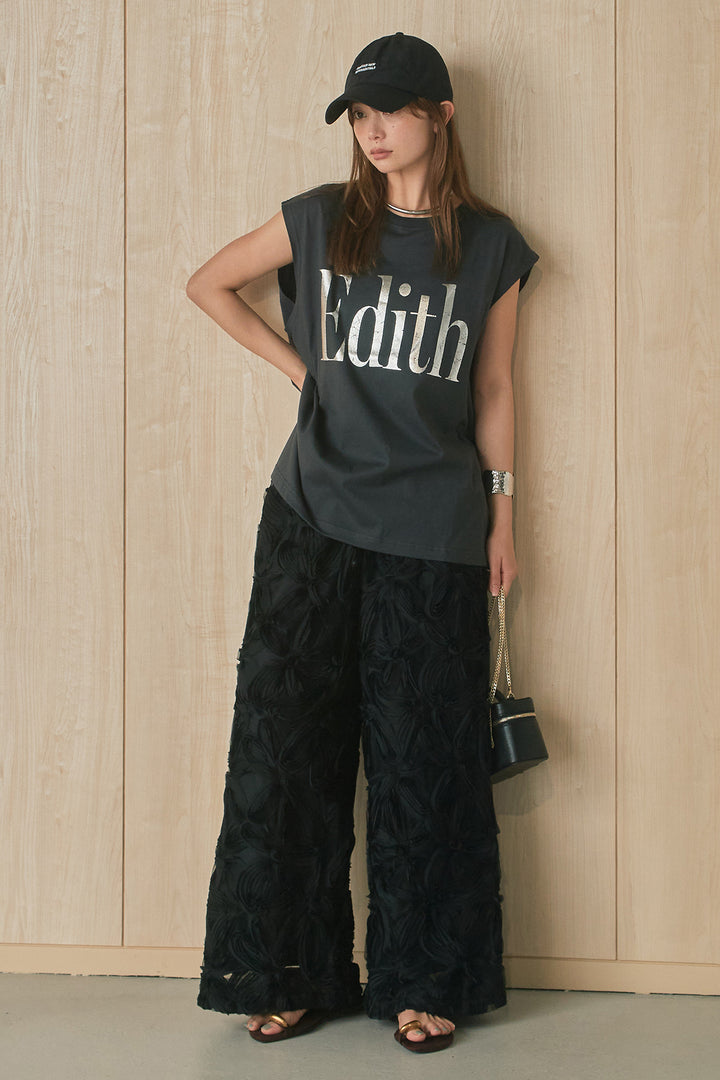 [SET]箔ロゴプリントノースリーブTシャツ+立体レースストレートパンツ(2set)