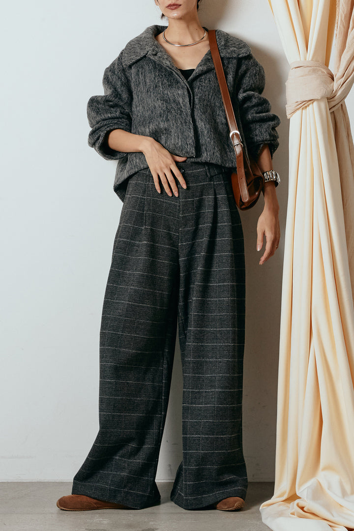 [SET]シャギーショートジャケット+スクエアチェック柄ワイドパンツ(2set)
