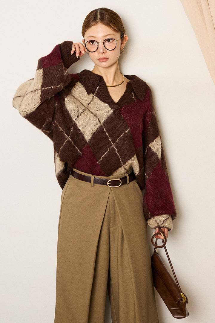 [SET]アクリルモヘアアーガイルキーネックプルオーバー+フロントワイドタックネップ入ワイドパンツ(2set)
