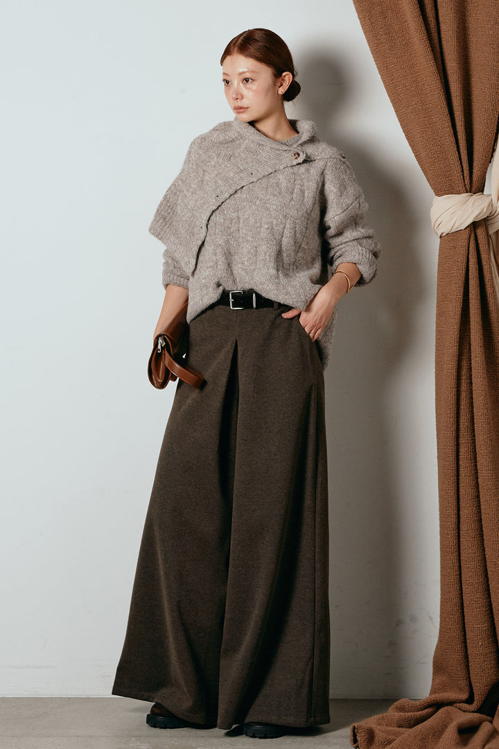 [SET]ケープデザインケーブルニットトップス+ベルト付きフロントタックデザインパンツ(2set)