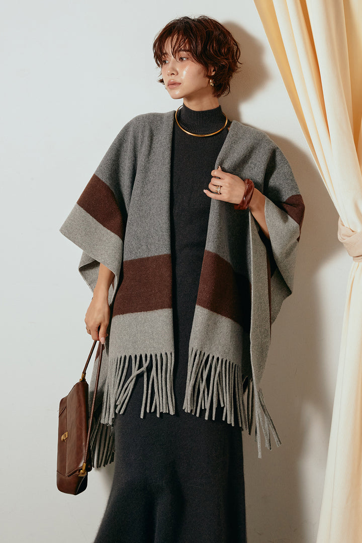 [SET]裾フリンジ柄ポンチョアウター+ノースリーブニットロングワンピース(2set)