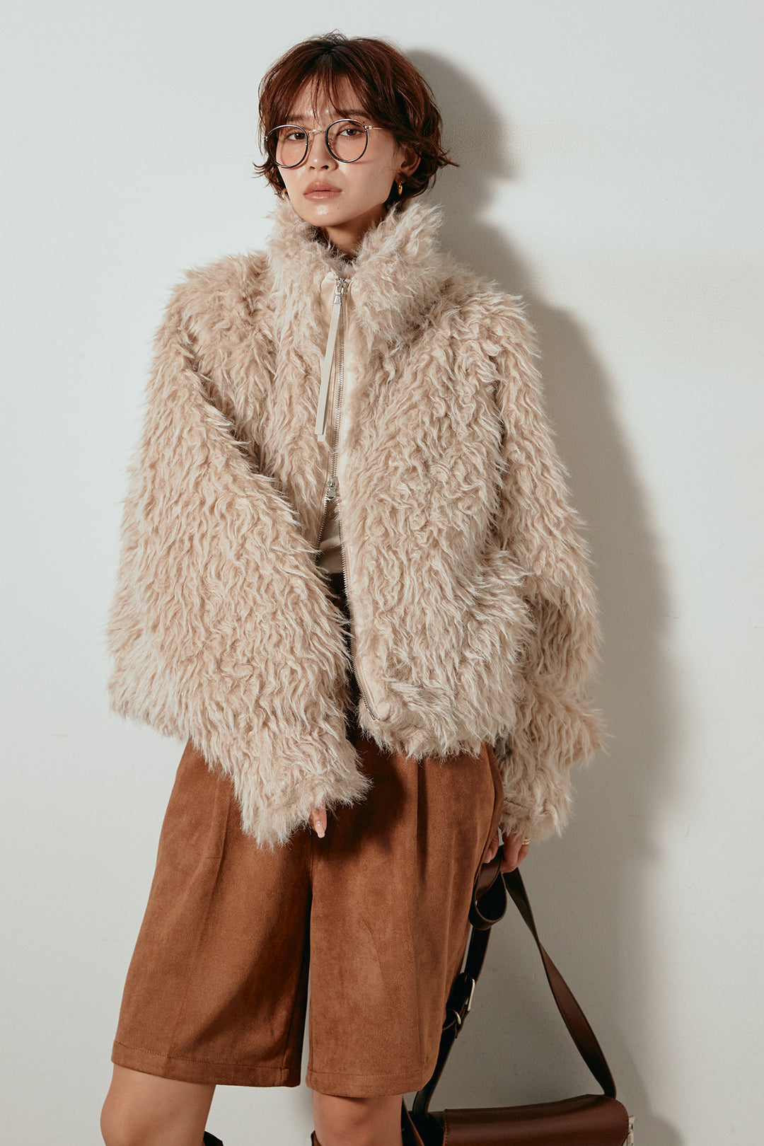 [SET]ミックスシープファースタンドブルゾン+フェイクスウェードハーフパンツ(2set)