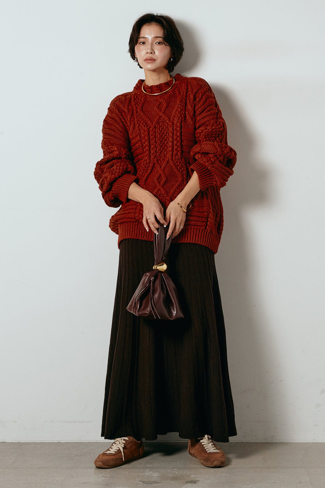 [SET]アラン柄ミックスケーブルニット+編み地切り替えフレアニットスカート(2set)