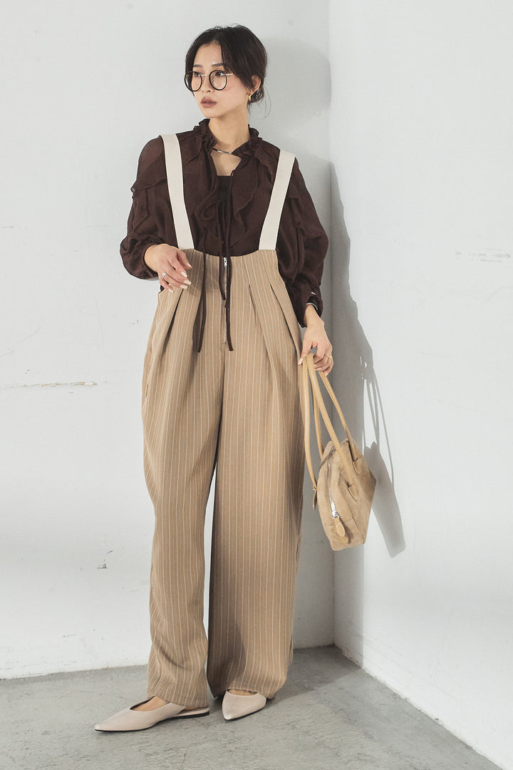 [SET]フロントリボンフリルブラウス+ピンストライプツータックサロペット(2set)