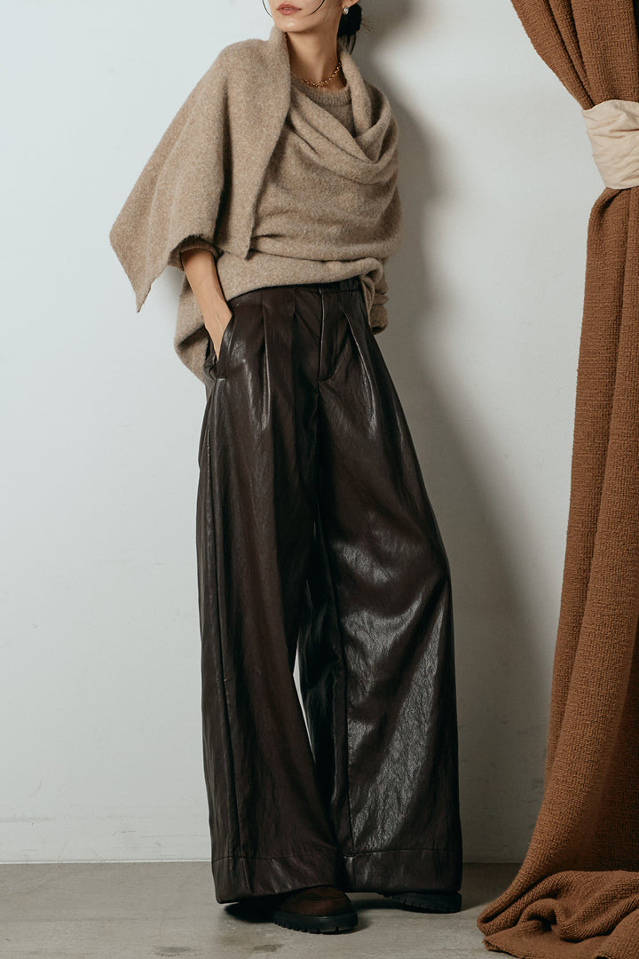 [SET]ネック巻きデザインニットトップス+ベルト付きレザーライクタックパンツ(2set)