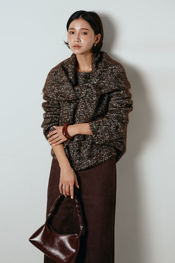 [SET]スカーフ付きミックスニットトップス+スウェードライク裾フリンジスカート(2set)