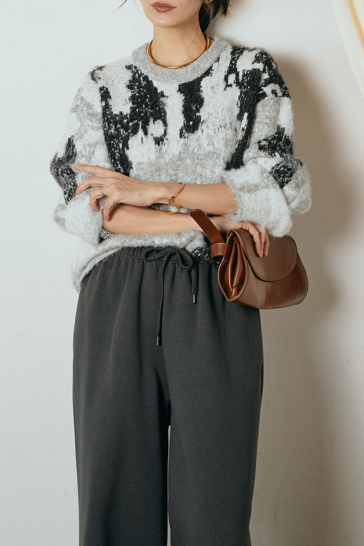 [SET]起毛ニュアンス柄ニットプルオーバー+裏起毛スウェットワイドパンツ(2set)