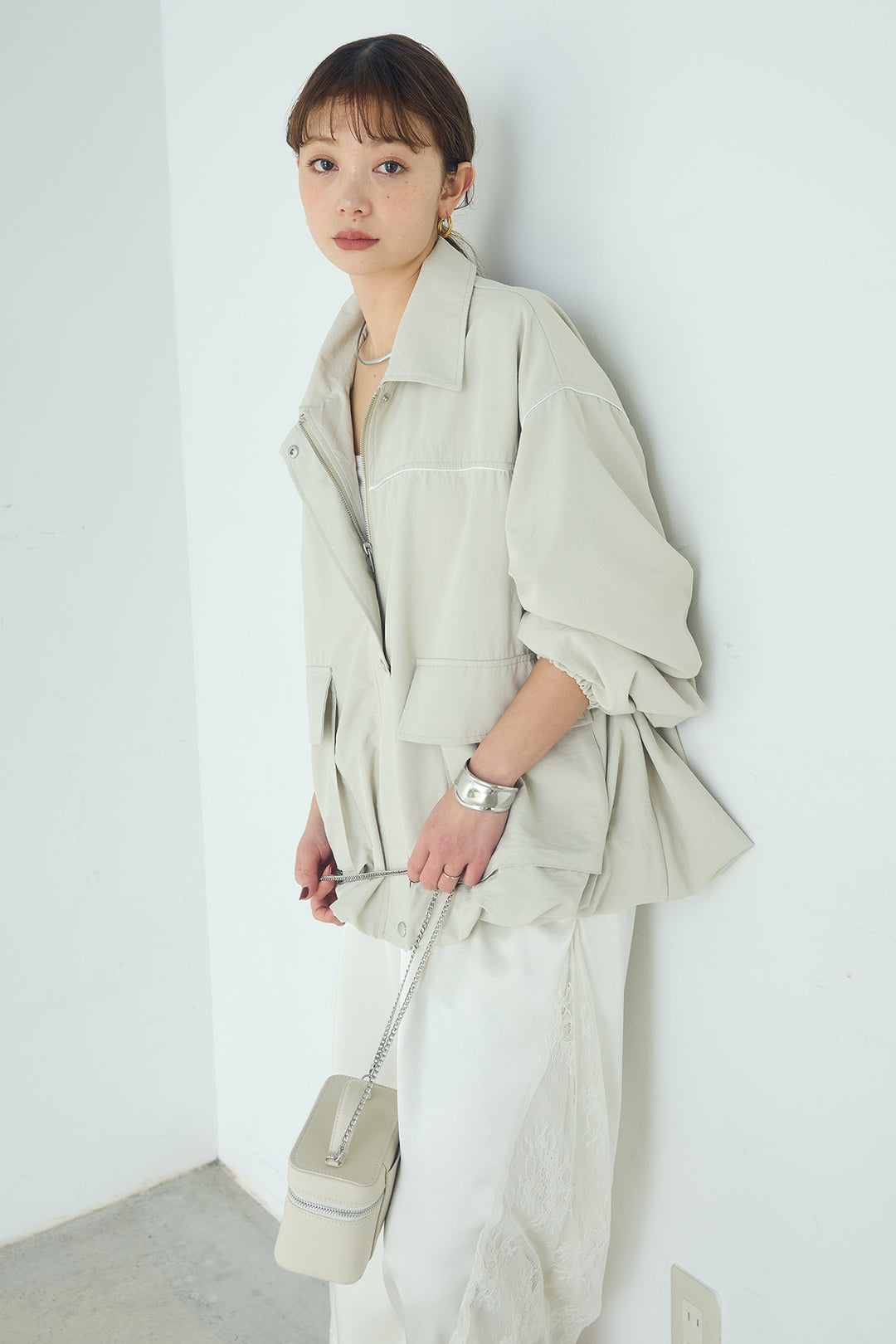 [SET]合繊ツイルバルーンジャケット+サテンレース切り替えタックパンツ(2set)