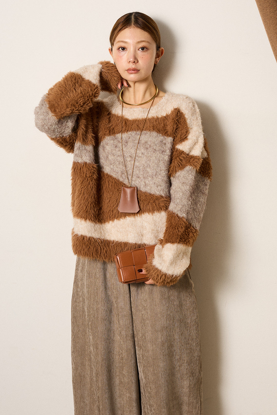 [SET]シャギーウェーブ柄クルーネックニットトップス+かすれデザインワイドパンツ(2set)