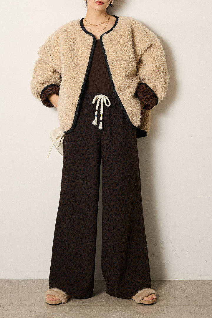 [SET]ノーカラー裏地レオパードボアアウター+レオパードジャガードニットパンツ(2set)