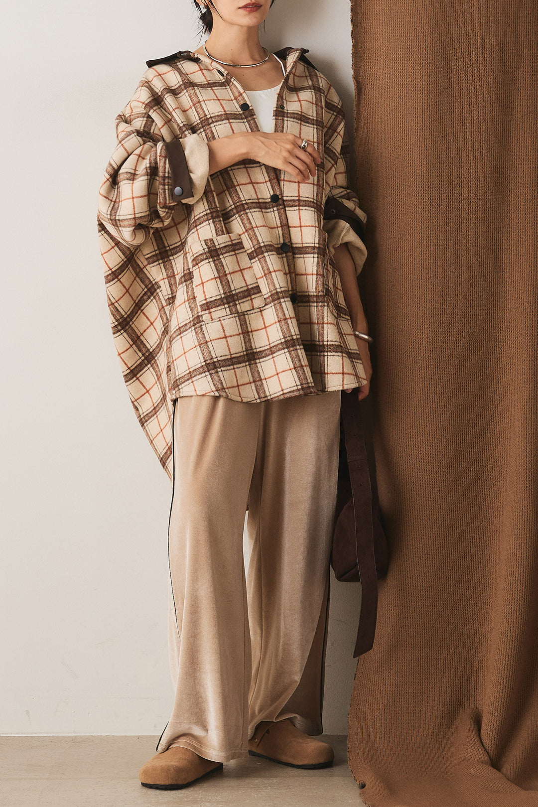 【即納】マルチチェックミディアム丈コート/ベージュ