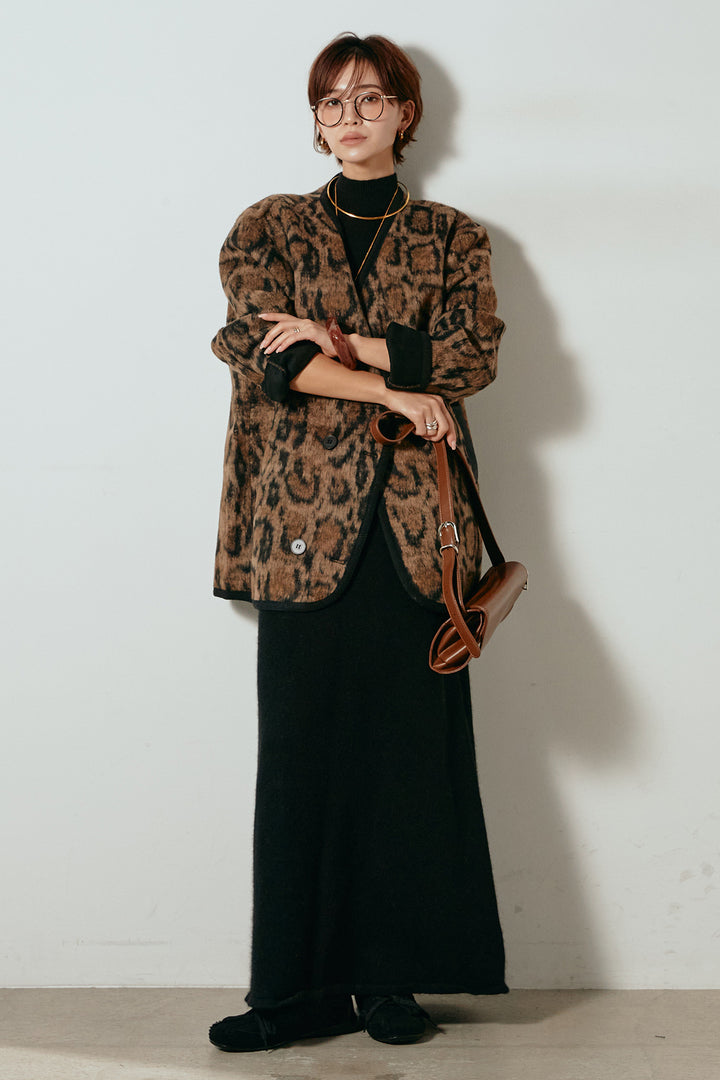 [SET]ノーカラーレオパード柄アウター+ノースリーブニットロングワンピース(2set)