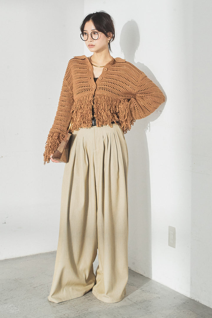 [SET]メッシュフリンジカーディガン+編みベルト付きウエストタックワイドパンツ(2set)